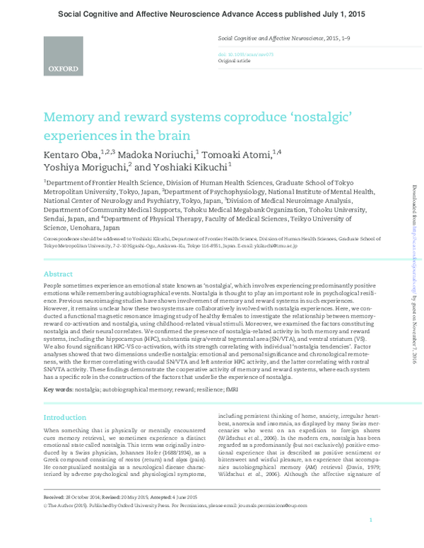 (PDF) Memory and reward systems coproduce ‘nostalgic’ experiences in ...