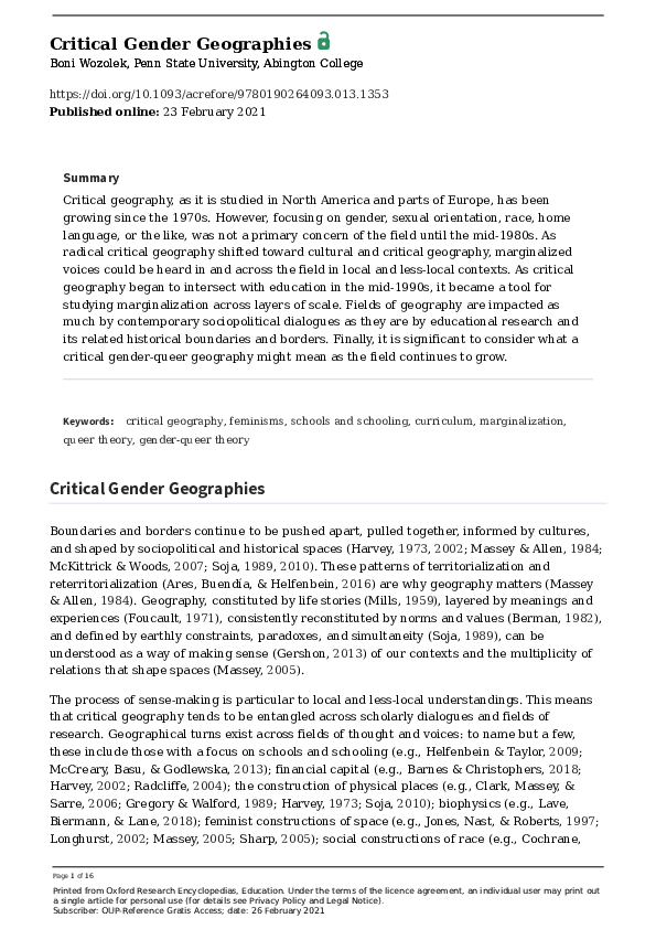 (PDF) Critical Gender Geographies