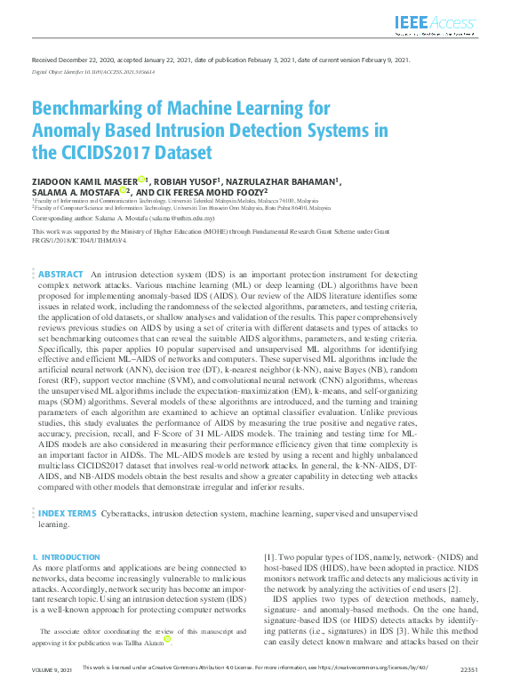 (PDF) Benchmarking of Machine Learning for Anomaly Based Intrusion ...