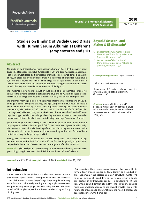 (PDF) Studies on Binding of Widely used Drugs with Human Serum Albumin ...