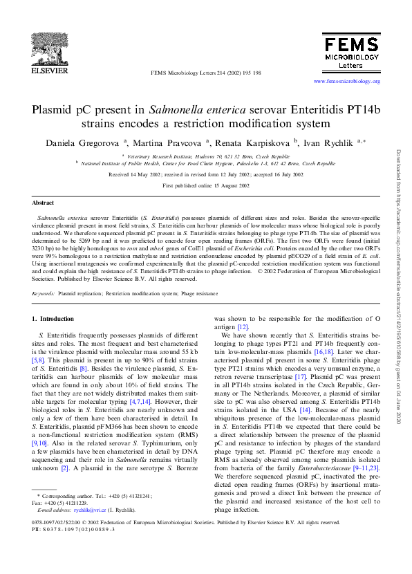 (PDF) Plasmid pC present in Salmonella enterica serovar Enteritidis ...