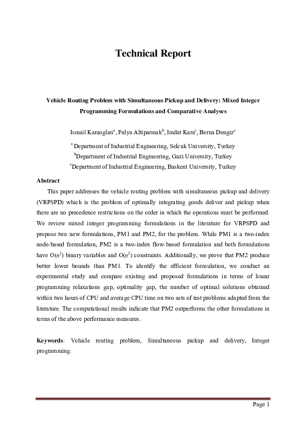 (PDF) Technical Report Vehicle Routing Problem with Simultaneous Pickup ...