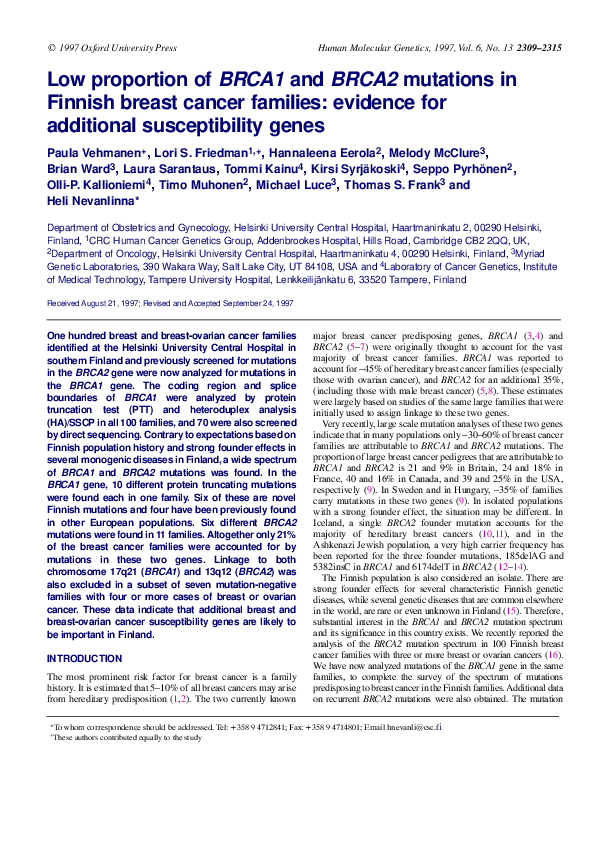 (PDF) Low proportion of BRCA1 and BRCA2 mutations in Finnish breast ...