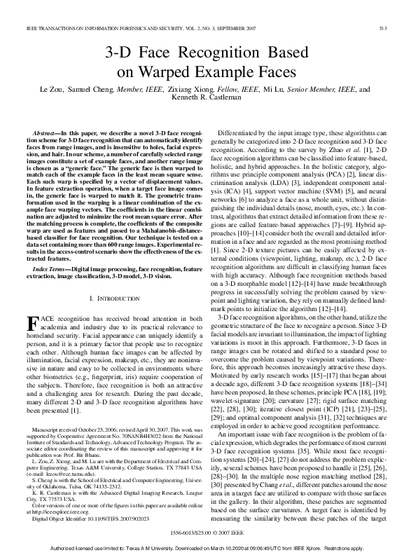 (PDF) 3-D Face Recognition Based on Warped Example Faces