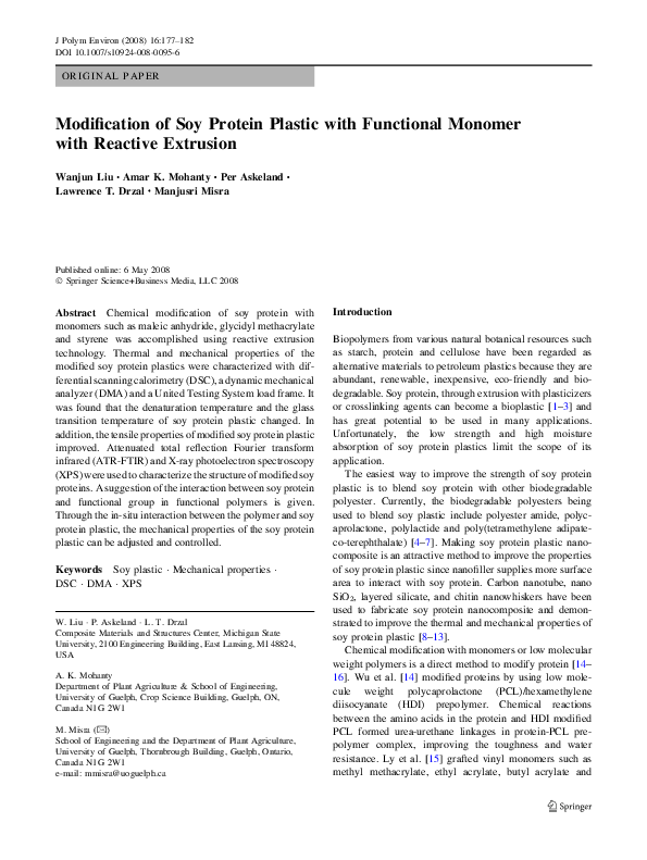 (PDF) Modification of Soy Protein Plastic with Functional Monomer with ...