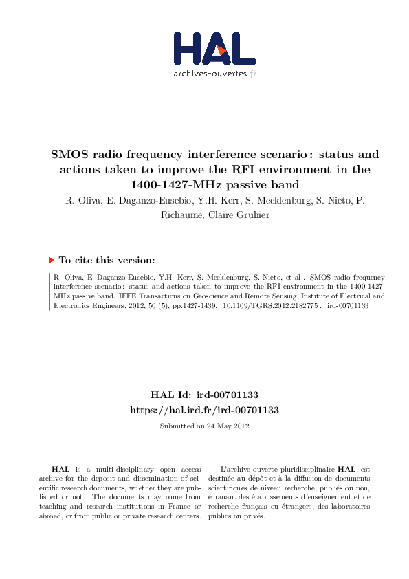 (PDF) SMOS Radio Frequency Interference Scenario: Status and Actions ...