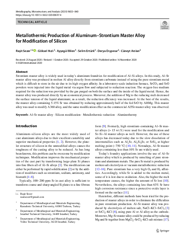 (PDF) Metallothermic Production of Aluminum-Strontium Master Alloy for ...