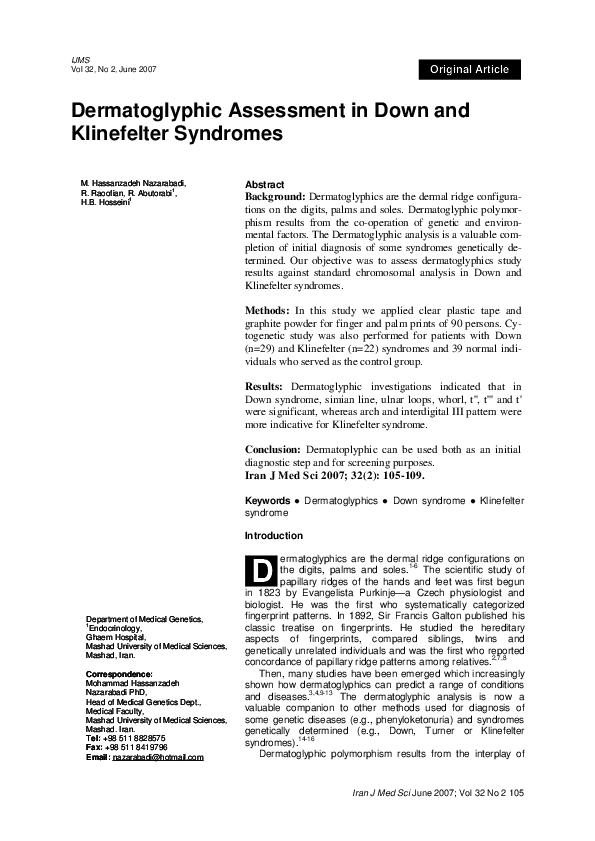 (PDF) Dermatoglyphic Assessment in Down and Klinefelter Syndromes