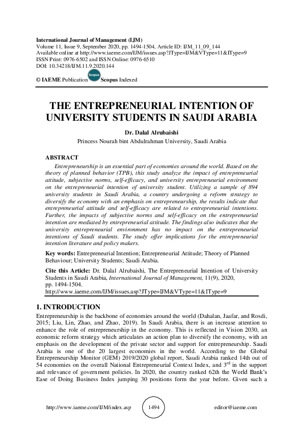 (PDF) The Entrepreneurial Intention of University Students in Saudi Arabia