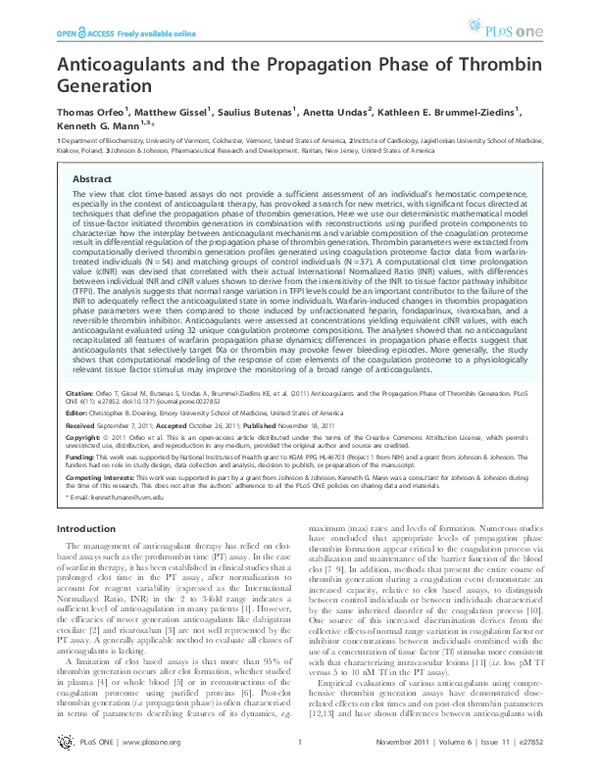(PDF) Anticoagulants and the Propagation Phase of Thrombin Generation