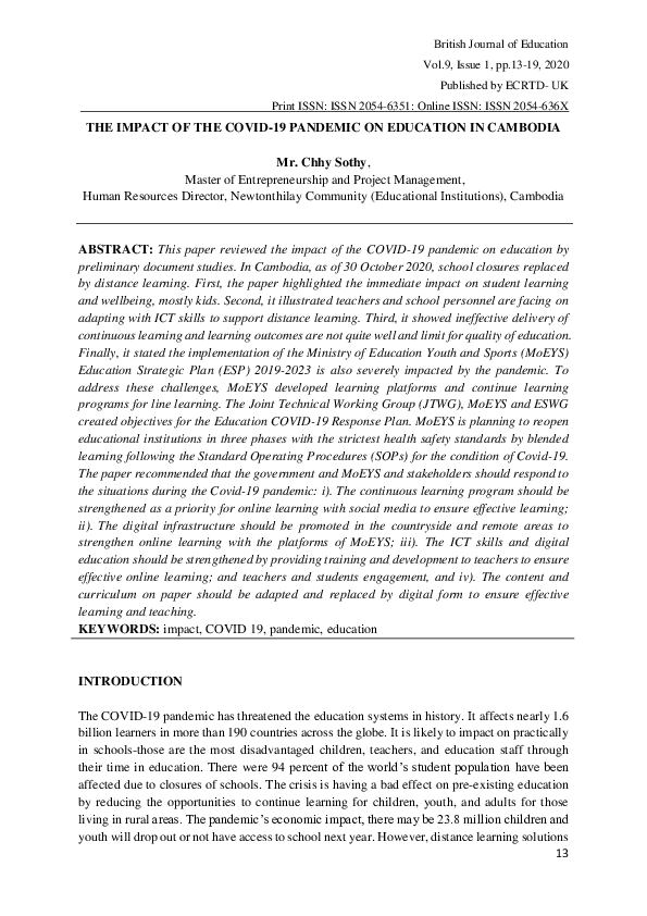 (PDF) THE IMPACT OF THE COVID-19 PANDEMIC ON EDUCATION IN CAMBODIA