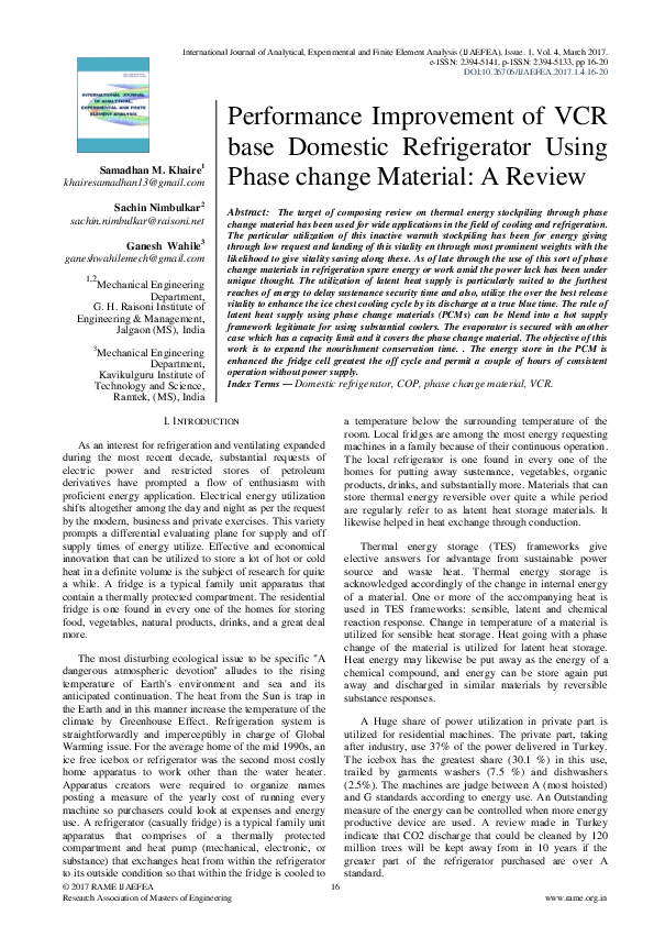 (PDF) Performance Improvement of VCR Base Domestic Refrigerator Using Phase Change Material A