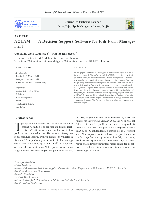 (PDF) AQUAM A decision support software for fish farm management