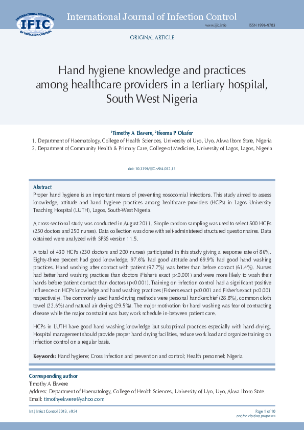 (PDF) Hand hygiene knowledge and practices among healthcare providers ...