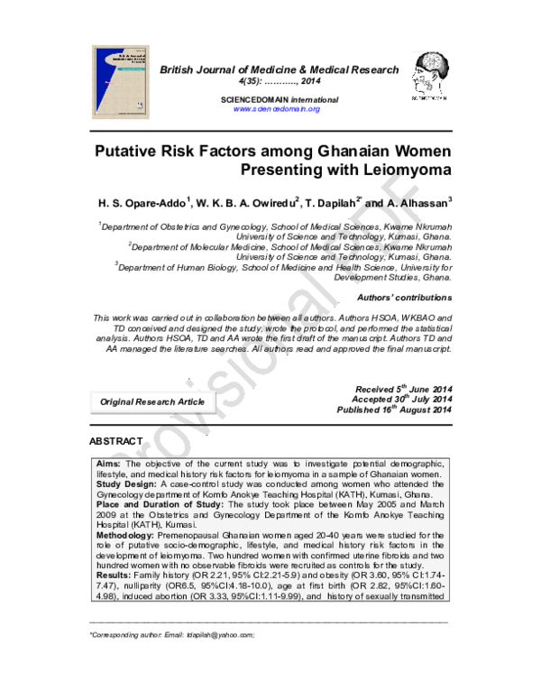 (PDF) Putative Risk Factors among Ghanaian Women Presenting with Leiomyoma