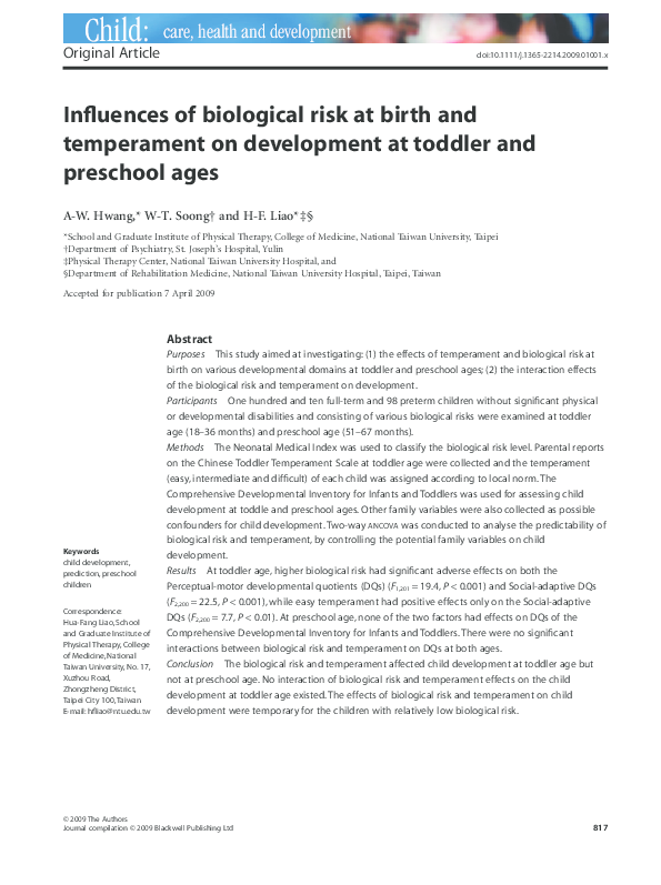 (PDF) Influences of biological risk at birth and temperament on ...