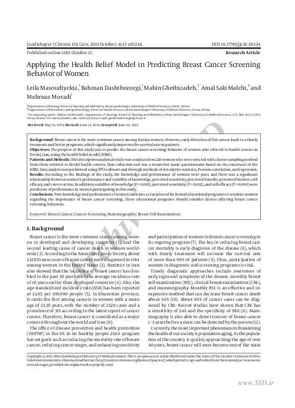 (PDF) Applying the Health Belief Model in Predicting Breast Cancer ...