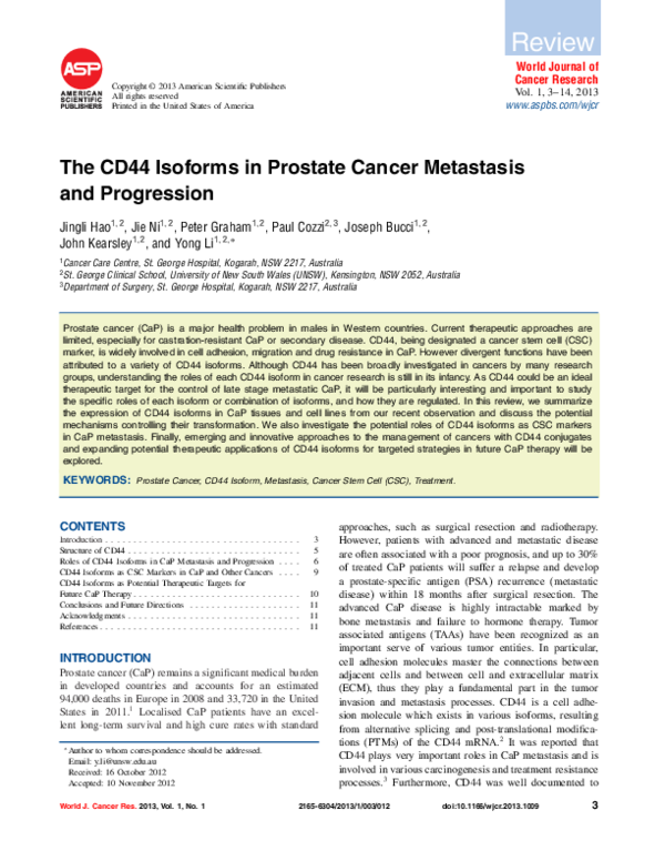 (PDF) The CD44 Isoforms in Prostate Cancer Metastasis and Progression