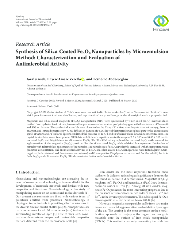 (PDF) Synthesis of Silica-Coated Fe3O4 Nanoparticles by Microemulsion ...