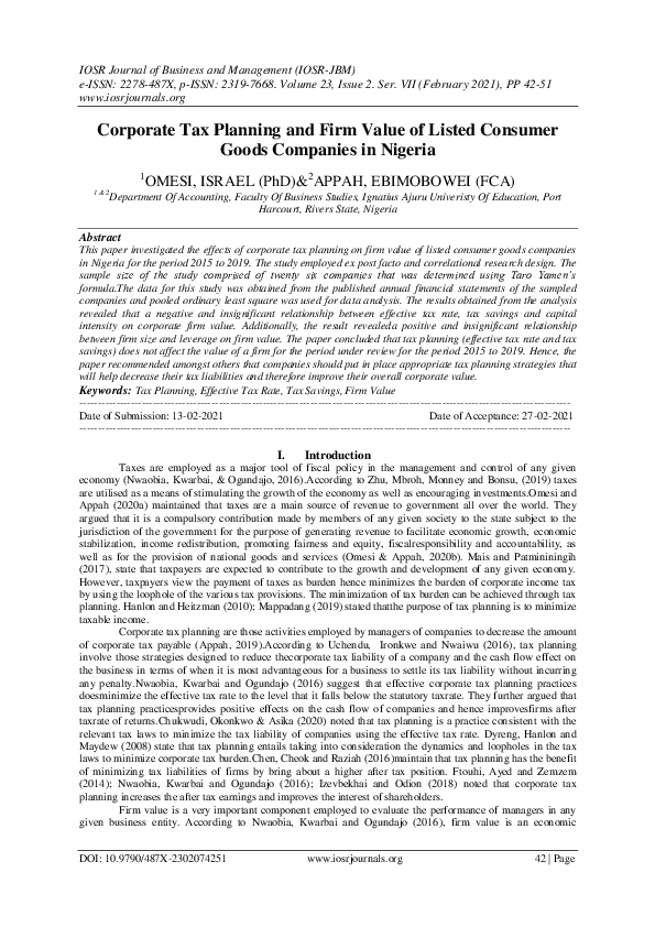 (PDF) Corporate Tax Planning and Firm Value of Listed Consumer Goods ...