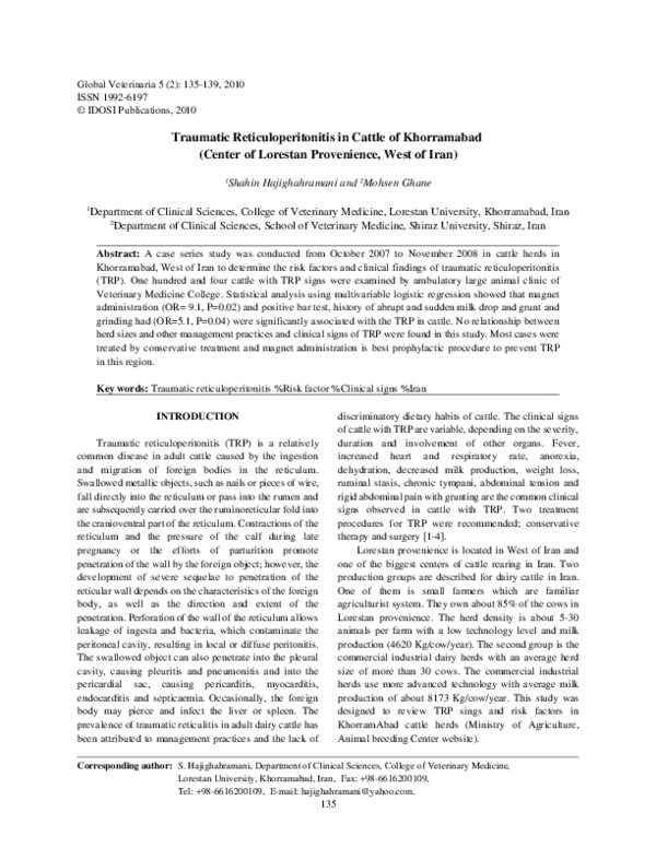 (PDF) Traumatic Reticuloperitonitis in Cattle of Khorramabad (Center of ...