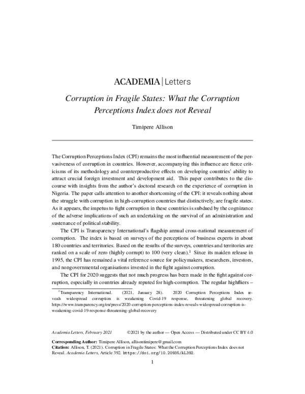 Pdf Corruption In Fragile States What The Corruption Perceptions Index Does Not Reveal Timipere Allison Academia Edu