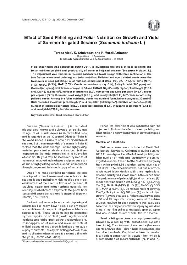 (PDF) Effect of Seed Pelleting and Foliar Nutrition on Growth andYield ...