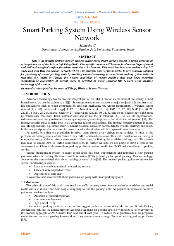(PDF) Smart Parking System Using Wireless Sensor Network