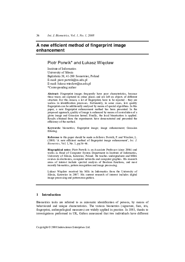 (PDF) A new efficient method of fingerprint image enhancement