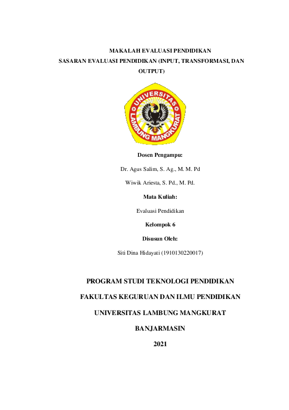 (PDF) Sasaran Evaluasi Pendidikan (Input, Transformasi, dan Output)
