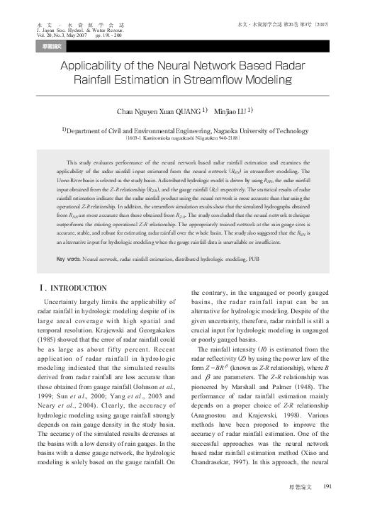 (PDF) Applicability of the Neural Network Based Radar Rainfall ...