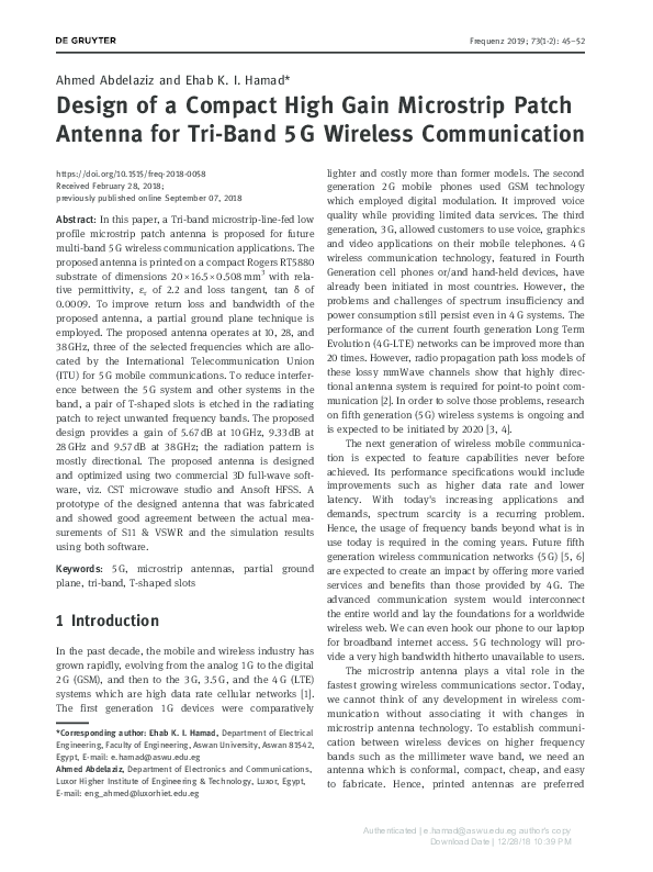 (PDF) Design of a Compact High Gain Microstrip Patch Antenna for Tri ...