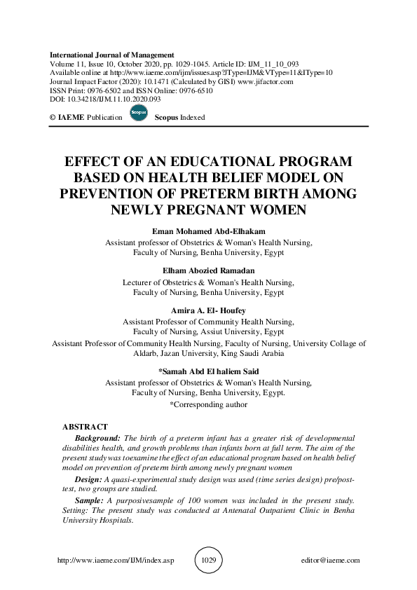 (PDF) Effect of an Educational Program Based on Health Belief Model on ...
