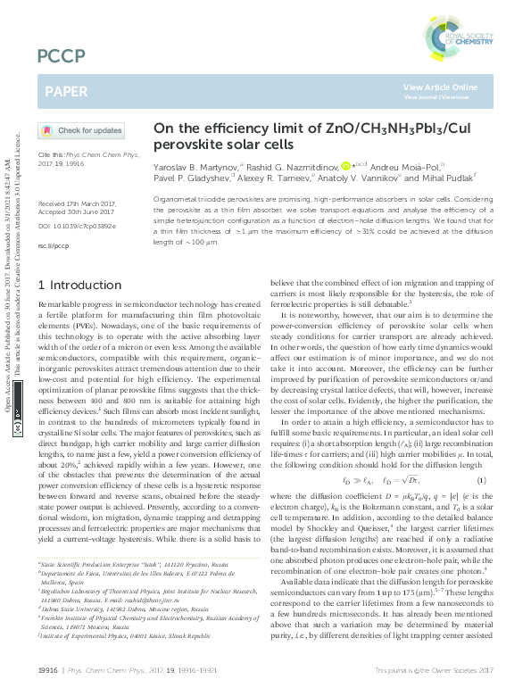 (PDF) On the efficiency limit of ZnO/CH3NH3PbI3/CuI perovskite solar cells