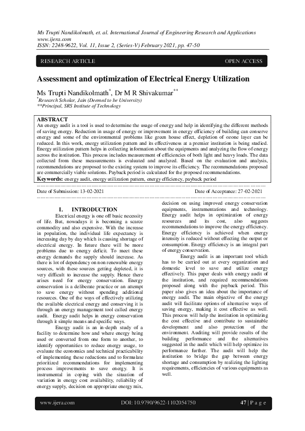 (PDF) Assessment and optimization of Electrical Energy Utilization