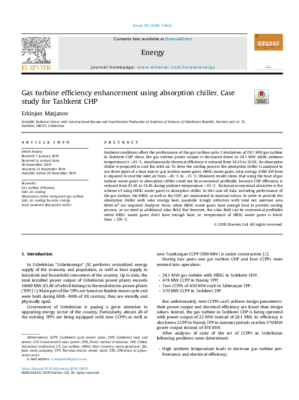 (PDF) Gas turbine efficiency enhancement using absorption chiller. Case ...