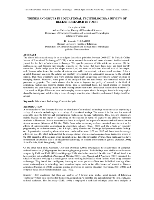  PDF Trends And Issues In Educational Technologies A Review Of Recent 