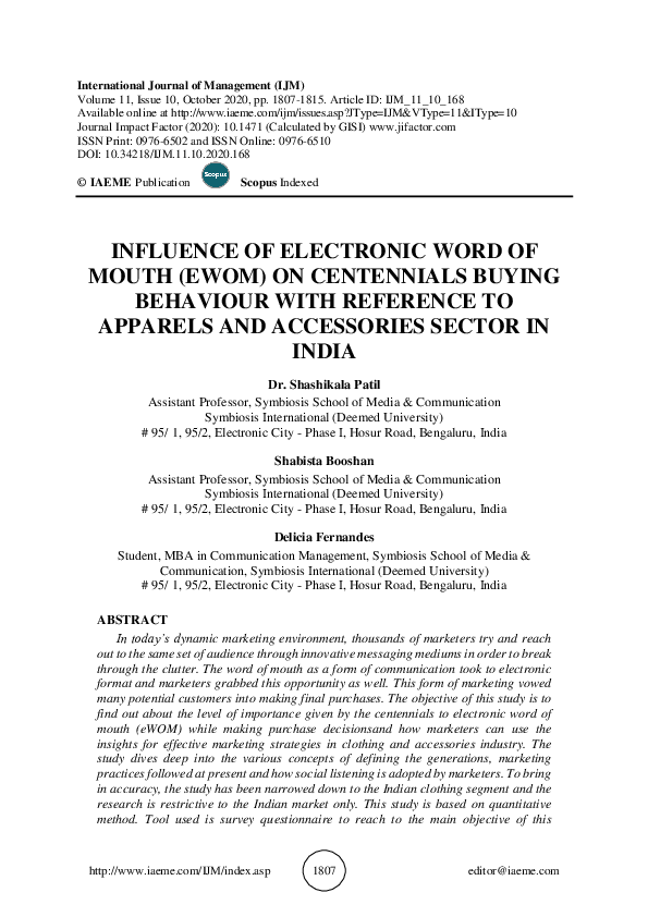 (PDF) INFLUENCE OF ELECTRONIC WORD OF MOUTH (EWOM) ON CENTENNIALS ...