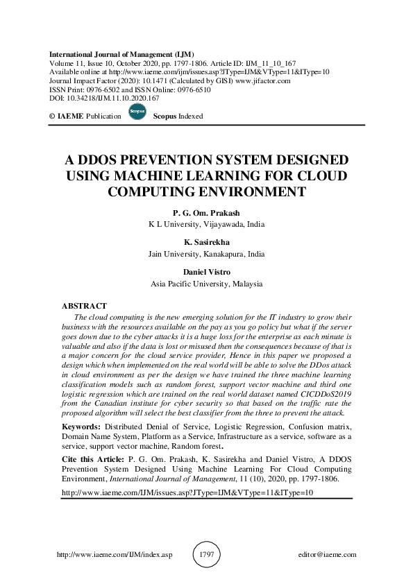 (PDF) A DDOS PREVENTION SYSTEM DESIGNED USING MACHINE LEARNING FOR ...
