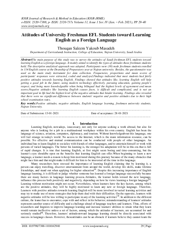 (PDF) Attitudes of University Freshman EFL Students toward Learning ...