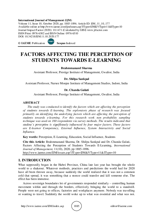 (PDF) FACTORS AFFECTING THE PERCEPTION OF STUDENTS TOWARDS E-LEARNING