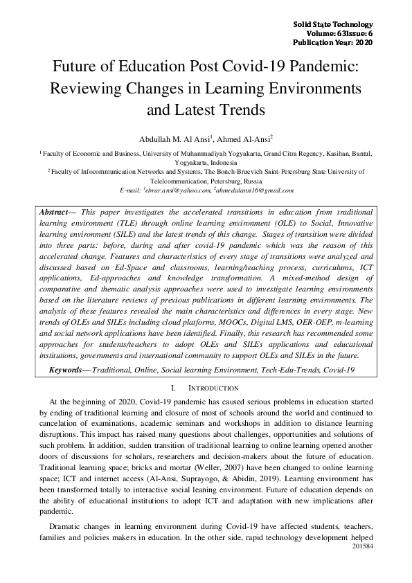 (PDF) Future of Education Post Covid-19 Pandemic: Reviewing Changes in ...
