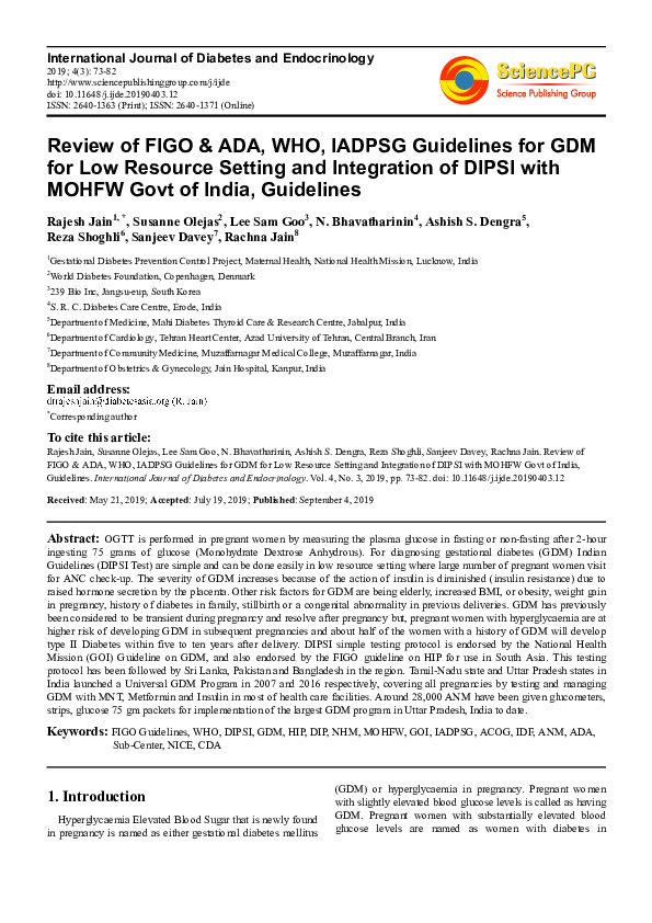(PDF) Review of FIGO ADA, WHO, IADPSG Guidelines for GDM for Low