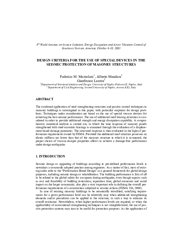 (PDF) Design Criteria for the Use of Special Devices in the Seismic ...