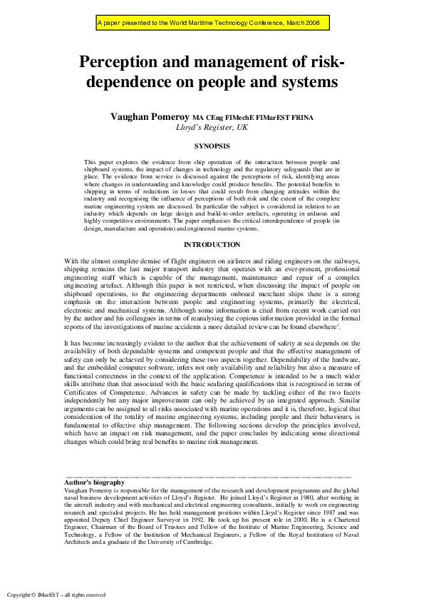 (PDF) Perception and management of risk- dependence on people and systems