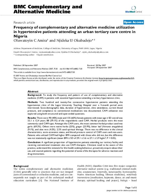 (PDF) Frequency of complementary and alternative medicine utilization ...