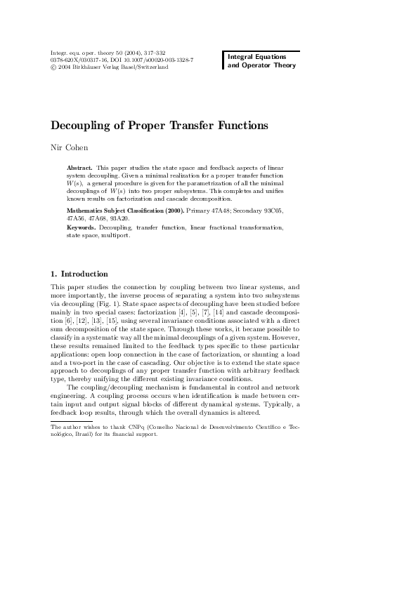 (PDF) Decoupling of Proper Transfer Functions