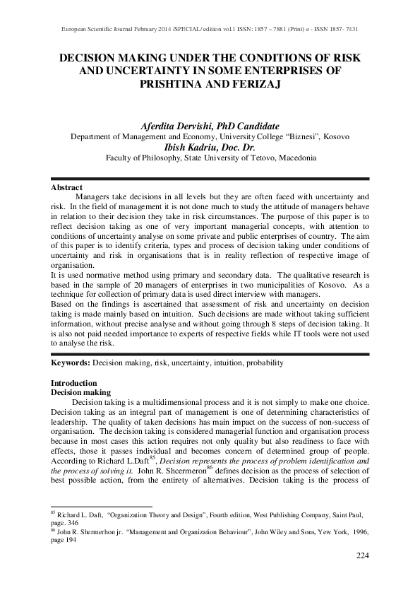 (PDF) Decision Making Under the Conditions of Risk and Uncertainty in ...