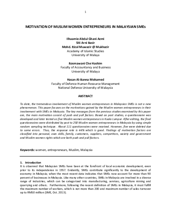 (PDF) MOTIVATION OF MUSLIM WOMEN ENTREPRENEURS IN MALAYSIAN SMEs