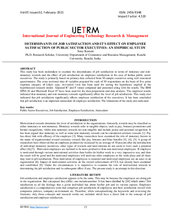 (PDF) DETERMINANTS OF JOB SATISFACTION AND IT’S EFFECT ON EMPLOYEE ...